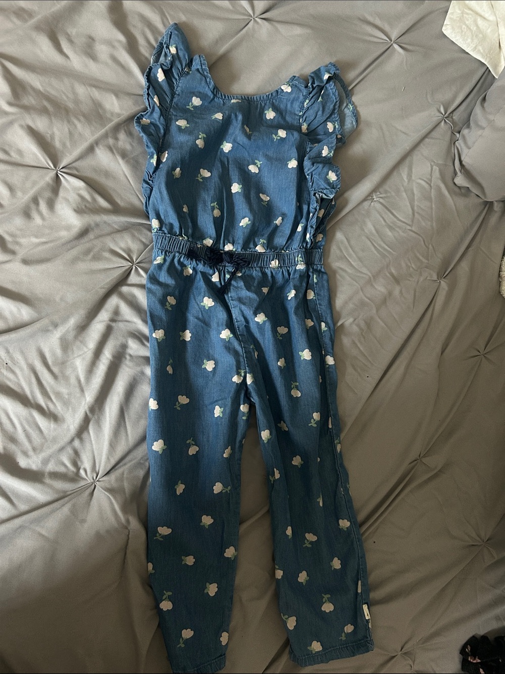 Girls' Blue Floral Print Jumpsuit with Ruffle Sleeves